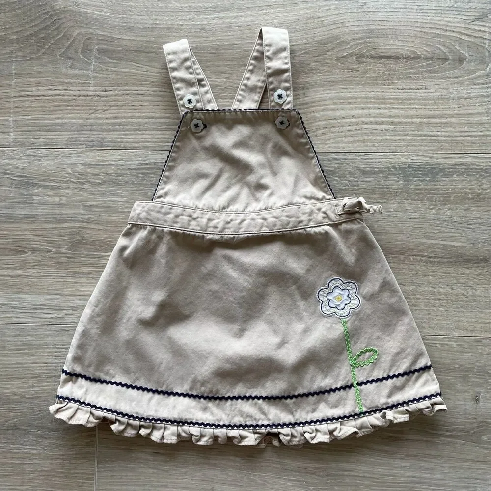 Gymboree Khaki Dress Baby 12-18 Mo Embroidery Ric Rack 2002 VTG Flower Y2K Daisy